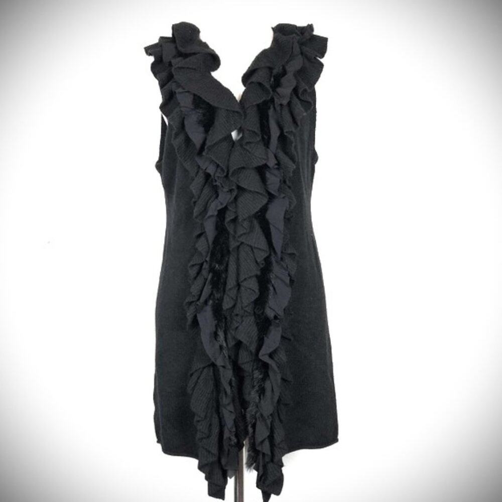 Alice + Olivia Long Vest ANGORA CASHMERE RABBIT FUR Between RUFFLE Sz XS Black